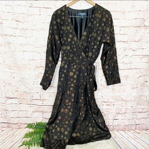 Modcloth Golden metallic Record Party Wrap Dress Womens Size Large belted new